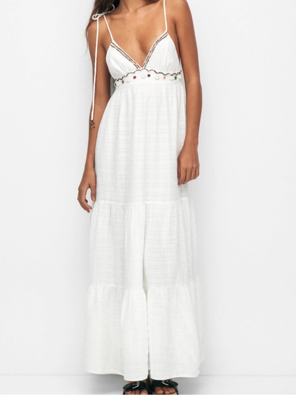 Pull&Bear White Cotton Maxi Dress with Beading